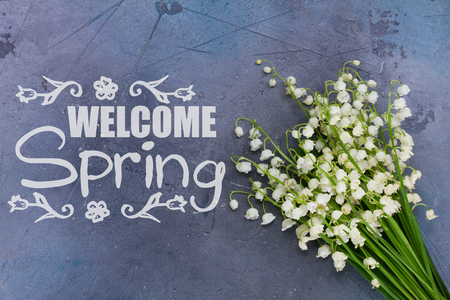 Lilly of the valley flowers on gray background with welcome spring sloganの写真素材
