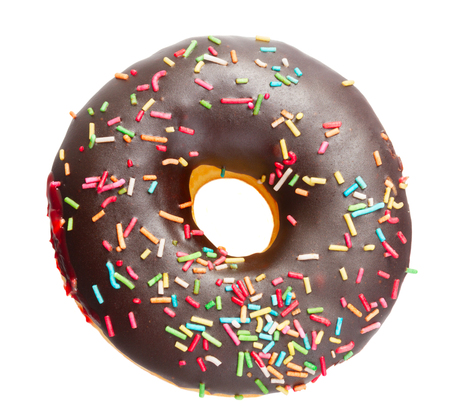 One sweet chocolate doughnut with sprincles isolated on white backgroundの写真素材