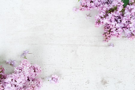 Fresh lilac flowers twigs over white wooden background with copy space, flat lay flower compositionの写真素材