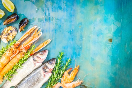 Fresh seafood and fish flat lay scene on blue background with copy space, retro tonedの写真素材