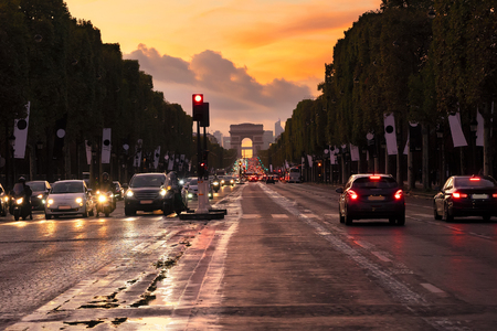 Arc de Triomphe and champ Elysees at sunset, Paris, Franceの写真素材