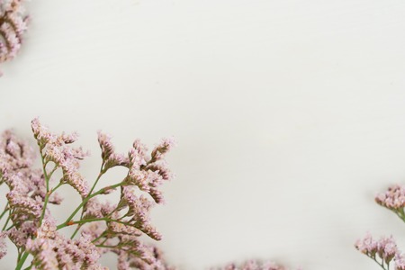 violet flowers on table from above with copy space, flat lay sceneの写真素材