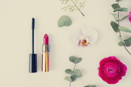 Flowers and cosmetic composition - dried eucaliptus leaves and flowers on white background. Flat lay scene with copy space, retro tonedの写真素材