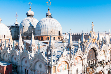 Domes and spires of San Marco Cathedral church, Venice Italyの写真素材