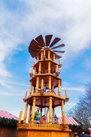 Weihnachtsmark Alexanderplatz Christmas market in Berlin with Authentic German Christmas Pyramid Erzgebirgeの写真素材