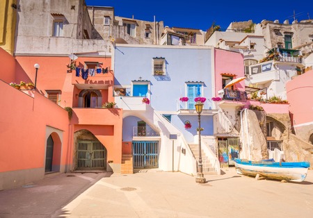 Procida island colorful small town street, Italy, retro tonedの写真素材