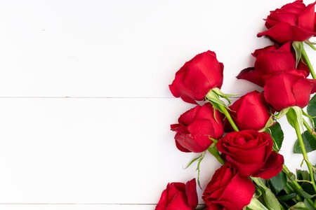Red roses on white wooden backgroundの写真素材