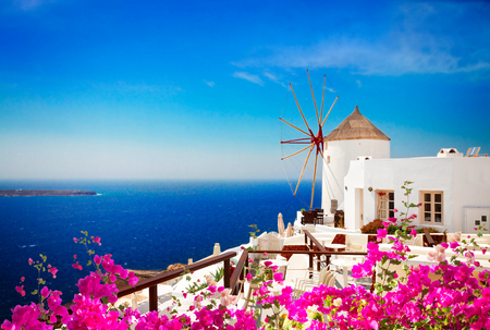 windmill of Oia at sunny day, Santorini island with flowers, Greeceの写真素材