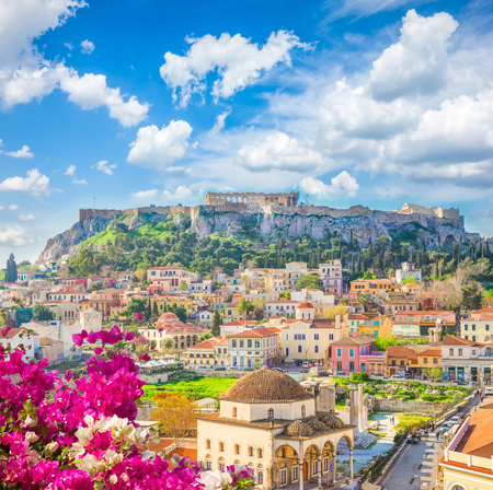 Skyline of Athenth with Moanstiraki and Acropolis hill with flowers, Athens Greeceの写真素材