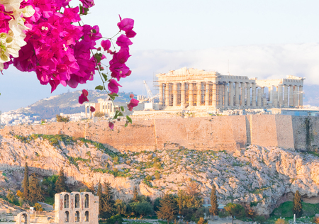 Famous skyline of Athens with Acropolis hill with Pathenon temple with flowers, Athens Greeceの写真素材
