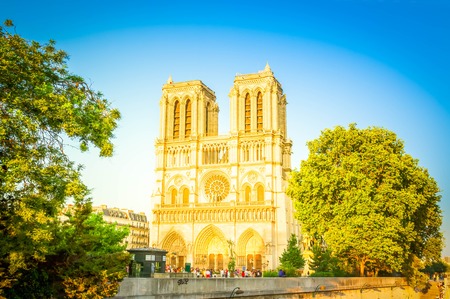 facade of famous Notre Dame cathedral at summer day, Paris, France, retro tonedの写真素材