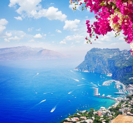 Marina Grande habour with cloudy sky with flowers, Capri island, Italyの写真素材