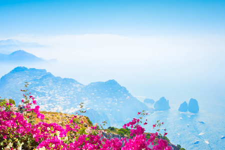 Capri landscape and Faraglioni cliffs and Tyrrhenian Sea blue water with flowers, Capri island, Italyの写真素材