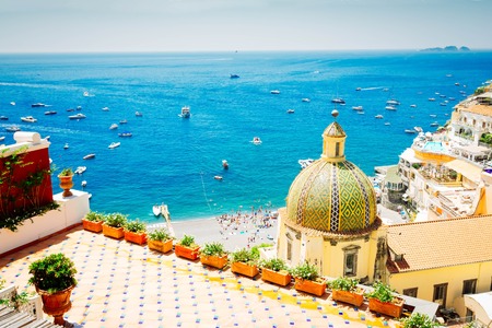 view of Positano town - famous old italian resort at summer day, Italy, retro tonedの写真素材