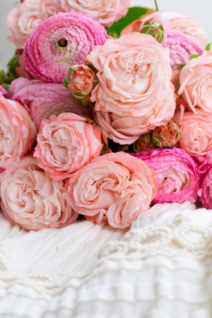 Female dress with fresh pink rununculus bouquetの写真素材