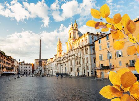Panoramic view of Piazza Navona with blue sky and clouds, Italy at fallの写真素材
