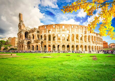 Ruins of antique Colosseum building at fall day in Rome Italyの写真素材