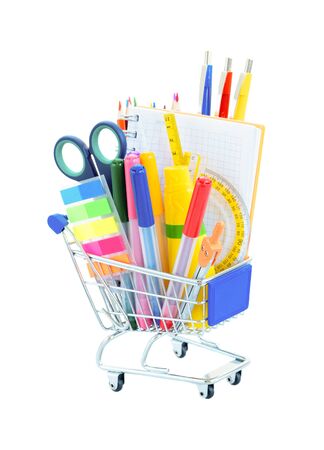 School supplies in cart isolated on whiteの写真素材