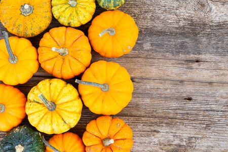 orange and green raw pumpkins on old wooden textured table, top view border with copy spaceの写真素材