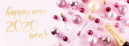 Christmas party with champagne on pink background banner 2020 happy new year greetings