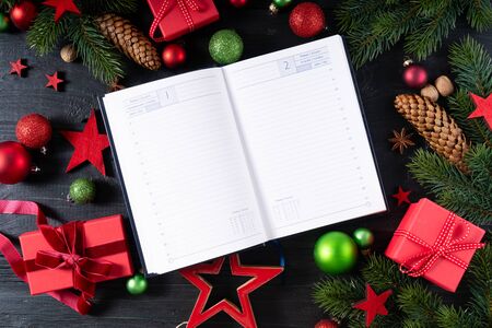 Christmas flat lay frame with red git boxes, Christmas celebration and gift giving concept, copy...