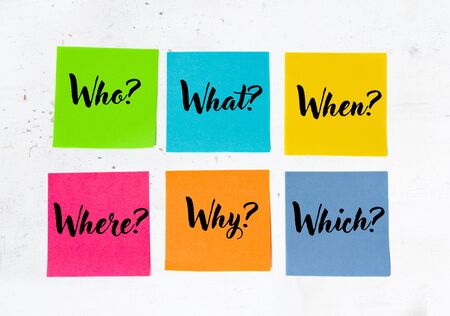 The 6 Ws who, what, when, where, why, which question on six sticky notes on weathered whitewash wood