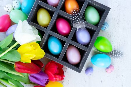 Easter scene with colored eggs in box and tulips, flat lay on white wooden backgroundの写真素材