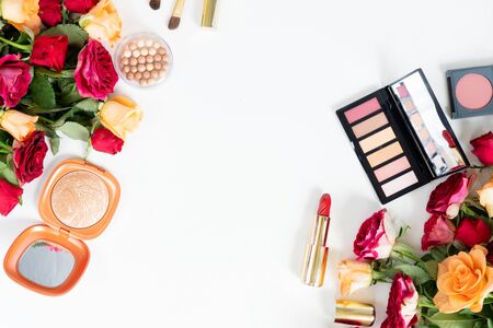beauty products with roses, top view on white backgroundの写真素材