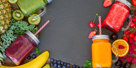 Fresh smoothy drink with igredients frame with copy space, web banner formatの写真素材