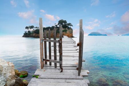 Agios Sostis island and bridge with gate, beautiful detail of Zakinthos island, Greeceの写真素材