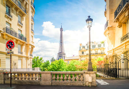 famous Eiffel Tower landmark and Paris city at summer, Paris France with sunshineの写真素材