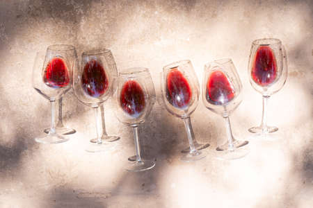 red wine in glasses, top view rowの写真素材