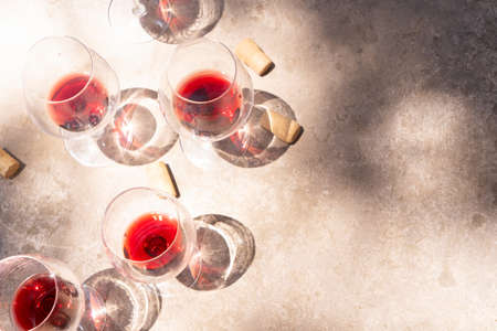 red wine in glasses, top viewの写真素材