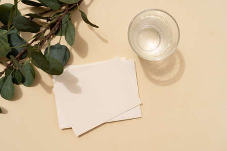 Tropical summer stationery mock-up scene. Blank business card, green eucaliptus leaves, glass of water on beige textured table background. Flat lay, top viewの写真素材