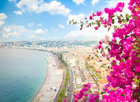 cityscape of Nice with beach and sea, cote dAzur, France, with flowersの写真素材