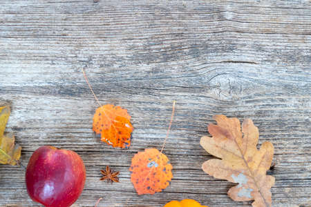 orange raw pumpkins and red apples ripe on old wooden textured table, top view with copy space