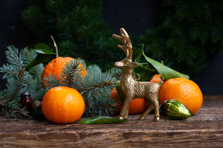 Christmas scene with fresh tangeines and deerの写真素材