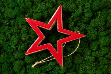 Christmas red star on dark green moss background