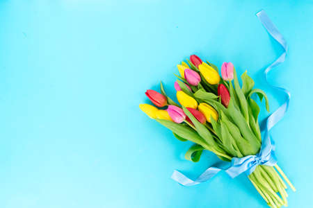 Pink and violet tulips flowers bouquet over plain aqua blue background with copy spaceの写真素材