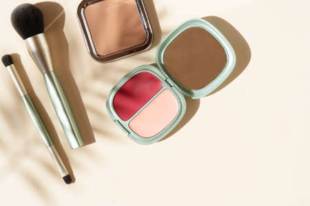 Minimal modern cosmetic scene with make up brushes, blush, powder and shadow overlay