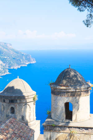Belltowers with the sea in Ravello village, details of Amalfi coast of Italyの写真素材