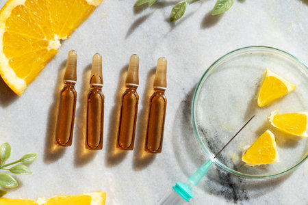 Citrus fruit vitamin c serum oil beauty care, anti aging natural cosmetic ampullas, laboratory...