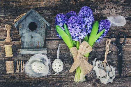 Blue hyacinth flowers and easter set up, tonedの写真素材