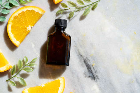 Citrus fruit vitamin c serum oil beauty care, anti aging natural cosmetic, laboratory testing conceptの写真素材