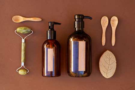 Natural cosmetics set on earth tones brown background