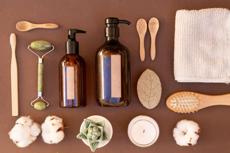 Natural cosmetics set on earth tones brown backgroundの写真素材