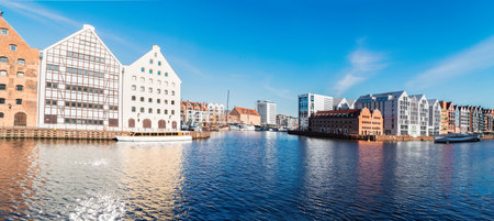 Old town waterfront panorama over Motlawa, Gdansk , Poland