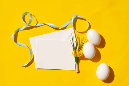 Easter scene with white eggsの写真素材