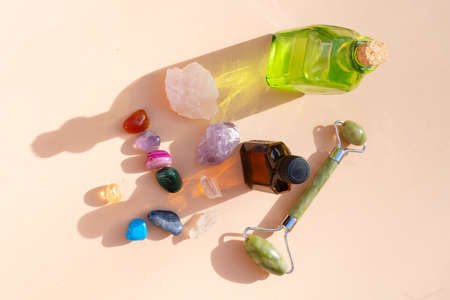 Healing crystals on brown backgroundの写真素材