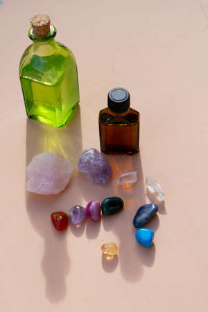 Healing crystals on brown backgroundの写真素材